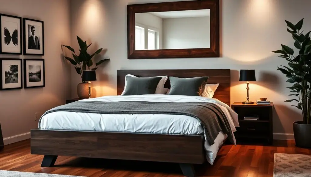 A cozy, masculine bedroom featuring a dark wood platform bed with crisp white bedding and plush gray accent pillows. On the nightstands, a pair of sleek table lamps with black shades cast a warm, ambient glow. The walls are adorned with framed black and white photography, complemented by a large, rustic wooden mirror. In the corner, a comfy armchair and a small side table create a reading nook, while a lush indoor plant adds a touch of nature. Hardwood floors and a neutral-toned area rug complete the sophisticated, yet inviting atmosphere.