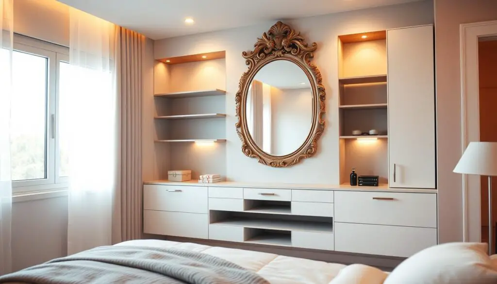 A cozy, minimalist bedroom with a wall-mounted storage unit showcasing sleek, modern shelves and cabinets. The unit is positioned strategically to create an illusion of depth and spaciousness, with a large, ornate mirror placed above it, reflecting the natural light flooding in from a nearby window. The room is bathed in a warm, golden glow, with soft, indirect lighting highlighting the clean lines and neutral color palette. The overall atmosphere is one of tranquility and elegance, inviting the viewer to imagine how this stylish storage solution could transform a small bedroom into a serene, functional oasis.