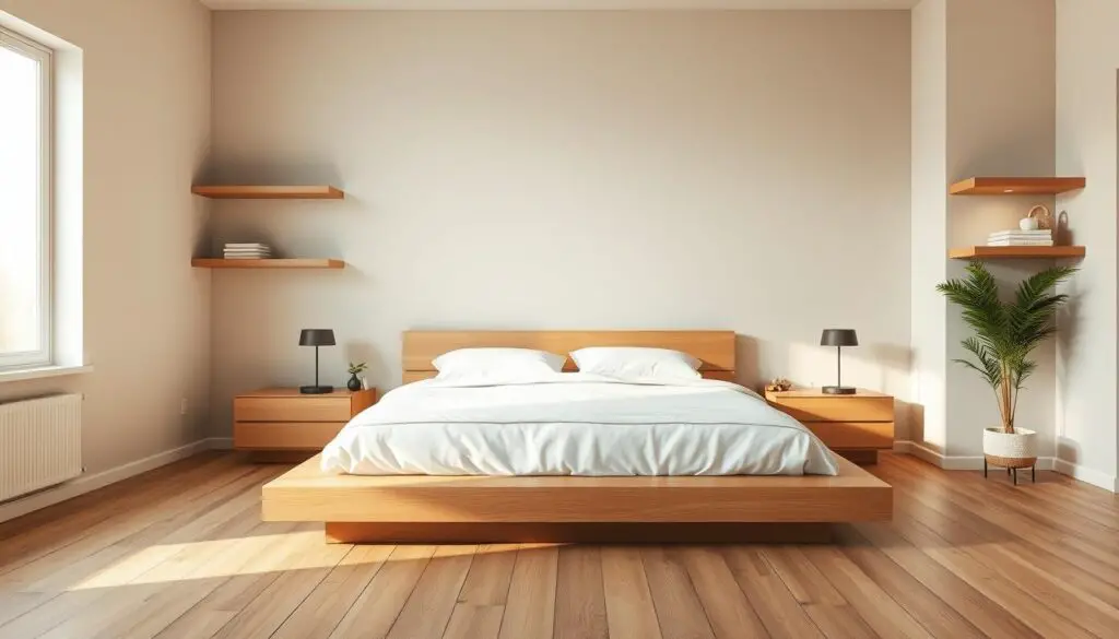 A cozy, minimalist bedroom with muted tones and clean lines. A low, wooden platform bed with crisp white linens takes center stage, flanked by sleek nightstands with minimalist lamps. Floating shelves on the walls display a few carefully curated decor pieces. The room is bathed in soft, warm lighting from a large window, casting a gentle glow. The space feels tranquil and uncluttered, promoting a sense of calm and relaxation. Floorboards in a natural wood tone anchor the scene, complementing the overall minimalist aesthetic. The atmosphere is serene and inviting, perfectly embodying the "Embrace Minimalism" theme. A cozy, minimalist bedroom with muted tones and clean lines. A low, wooden platform bed with crisp white linens takes center stage, flanked by sleek nightstands with minimalist lamps. Floating shelves on the walls display a few carefully curated decor pieces. The room is bathed in soft, warm lighting from a large window, casting a gentle glow. The space feels tranquil and uncluttered, promoting a sense of calm and relaxation. Floorboards in a natural wood tone anchor the scene, complementing the overall minimalist aesthetic. The atmosphere is serene and inviting, perfectly embodying the "Embrace Minimalism" theme.