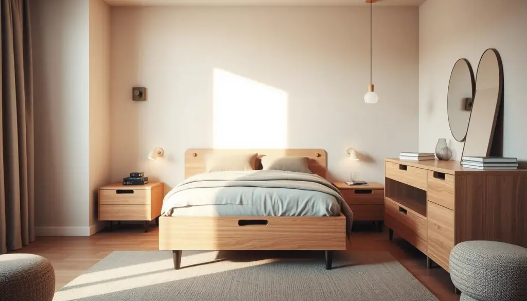 A cozy, minimalist bedroom with space-saving furniture pieces. A sleek, low-profile platform bed with built-in storage drawers takes center stage, flanked by floating nightstands and a compact, multifunctional dresser-desk combo. Soft, diffused lighting from sconces and a pendant illuminate the scene, creating a warm, inviting atmosphere. The walls feature a neutral, calming color palette, complemented by natural wood accents and textured fabrics that add depth and texture. An uncluttered, serene ambiance that emphasizes simplicity and functionality, perfectly suited for a harmonious, cozy living space. A cozy, minimalist bedroom with space-saving furniture pieces. A sleek, low-profile platform bed with built-in storage drawers takes center stage, flanked by floating nightstands and a compact, multifunctional dresser-desk combo. Soft, diffused lighting from sconces and a pendant illuminate the scene, creating a warm, inviting atmosphere. The walls feature a neutral, calming color palette, complemented by natural wood accents and textured fabrics that add depth and texture. An uncluttered, serene ambiance that emphasizes simplicity and functionality, perfectly suited for a harmonious, cozy living space.