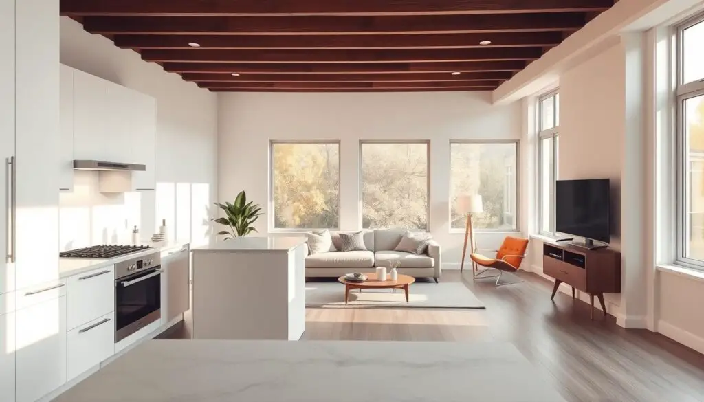 A cozy, minimalist small open plan kitchen and living room layout with abundant natural lighting. In the foreground, a sleek, modern kitchen with white cabinets, marble countertops, and stainless steel appliances. In the middle ground, a minimalist living area with a plush, L-shaped sofa and a mid-century modern coffee table. The background features large windows that flood the space with warm, diffused sunlight, creating a bright and airy atmosphere. Soft, indirect lighting from recessed ceiling fixtures and floor lamps provide a gentle, soothing ambiance. The layout seamlessly integrates the cooking and living areas, creating a harmonious, multifunctional space. A cozy, minimalist small open plan kitchen and living room layout with abundant natural lighting. In the foreground, a sleek, modern kitchen with white cabinets, marble countertops, and stainless steel appliances. In the middle ground, a minimalist living area with a plush, L-shaped sofa and a mid-century modern coffee table. The background features large windows that flood the space with warm, diffused sunlight, creating a bright and airy atmosphere. Soft, indirect lighting from recessed ceiling fixtures and floor lamps provide a gentle, soothing ambiance. The layout seamlessly integrates the cooking and living areas, creating a harmonious, multifunctional space.