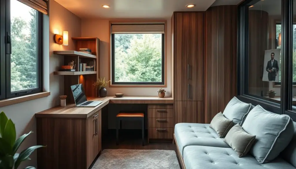 A cozy nook with space-saving, multi-functional furniture. A floating wooden desk seamlessly integrated into the wall, with built-in shelves and cabinets for storage. Beside it, a compact, L-shaped sectional sofa with plush cushions, transforming the area into a cozy reading or relaxation spot. Soft, warm lighting from sconces casts a gentle glow, creating an inviting, intimate atmosphere. The layout maximizes the limited space, blending form and function effortlessly. Large windows flood the room with natural light, making the compact design feel open and airy. A cozy nook with space-saving, multi-functional furniture. A floating wooden desk seamlessly integrated into the wall, with built-in shelves and cabinets for storage. Beside it, a compact, L-shaped sectional sofa with plush cushions, transforming the area into a cozy reading or relaxation spot. Soft, warm lighting from sconces casts a gentle glow, creating an inviting, intimate atmosphere. The layout maximizes the limited space, blending form and function effortlessly. Large windows flood the room with natural light, making the compact design feel open and airy.