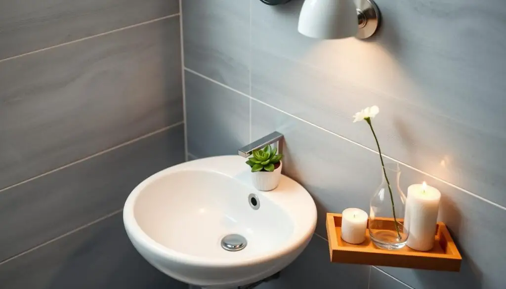 A cozy small bathroom with a delicate, minimalist sink decor. The sink is made of smooth white ceramic, set against a backdrop of sleek, textured gray tile walls. Atop the sink rests a potted succulent, its lush green leaves contrasting with the cool, matte tones of the surroundings. Nearby, a small wooden tray holds fragrant candles and a single, elegant glass vase with a simple flower. Soft, diffused lighting from a sconce above casts a warm, inviting glow, highlighting the interplay of materials and natural elements. The overall atmosphere is one of serene, spa-like tranquility. A cozy small bathroom with a delicate, minimalist sink decor. The sink is made of smooth white ceramic, set against a backdrop of sleek, textured gray tile walls. Atop the sink rests a potted succulent, its lush green leaves contrasting with the cool, matte tones of the surroundings. Nearby, a small wooden tray holds fragrant candles and a single, elegant glass vase with a simple flower. Soft, diffused lighting from a sconce above casts a warm, inviting glow, highlighting the interplay of materials and natural elements. The overall atmosphere is one of serene, spa-like tranquility.