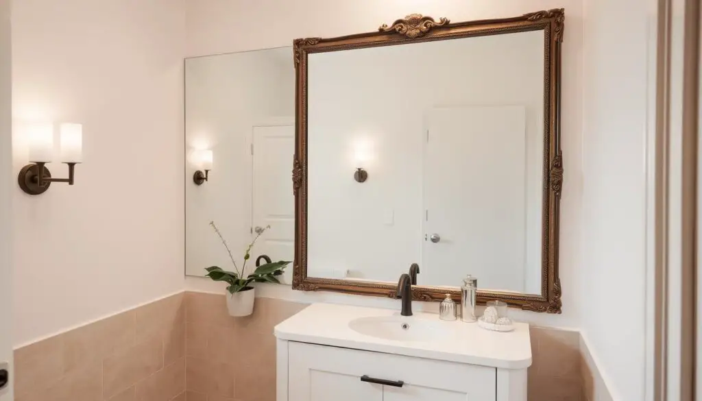 A cozy small bathroom with a large, ornate mirror taking up most of the wall. The mirror reflects the simple yet stylish decor - a minimalist vanity with a sleek black faucet, a potted plant, and a few decorative trinkets. Soft, diffused lighting emanates from wall sconces, creating a warm, inviting atmosphere. The tiles on the floor and walls are a neutral, earthy tone, complementing the overall serene and airy ambiance. The mirror's expansive surface creates an illusion of depth and space, making the compact bathroom feel more open and spacious.