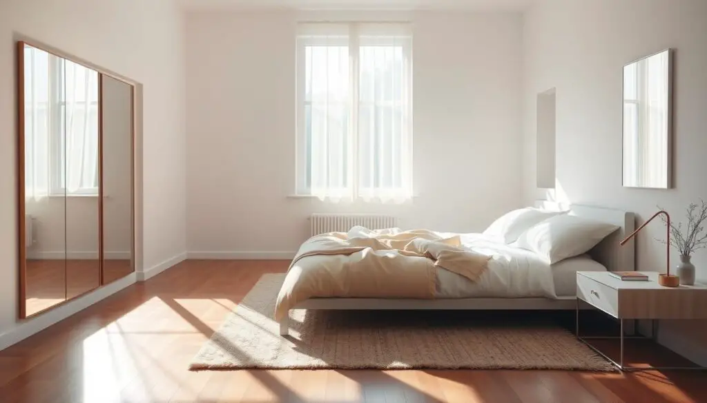A cozy small bedroom, bathed in natural light streaming through a large window. The room features minimalist white walls and hardwood floors, creating a bright and airy atmosphere. A delicate sheer curtain filters the sunlight, diffusing it gently throughout the space. Strategically placed mirrors on the walls and a sleek, low-profile bed frame maximize the sense of openness and luminosity. Soft textures, such as a plush rug and plump pillows, add warmth and comfort. The overall impression is one of serenity, tranquility, and a harmonious blend of natural elements.