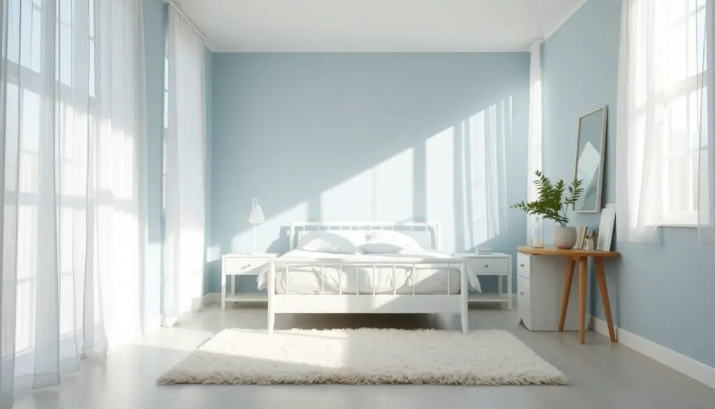 A cozy small bedroom bathed in soothing light hues. The walls are painted in a soft, airy blue that reflects the natural sunlight streaming through large windows. Delicate white sheer curtains filter the light, creating a tranquil, luminous ambiance. A minimalist white bed frame and nightstands complement the calming palette, while a fluffy ivory area rug anchors the space. Subtle accents, like a wooden side table and a potted plant, add natural warmth. The overall scene conveys a sense of openness and serenity, making the compact room feel spacious and inviting.
