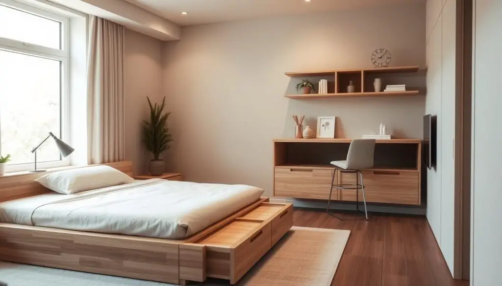 A cozy small bedroom interior with multi-functional furniture pieces in a soft, muted color palette. In the foreground, a minimalist wooden platform bed with built-in storage drawers and shelves. Beside it, a compact nightstand with a minimalist table lamp. In the middle ground, a modular desk-dresser combination in light oak, doubling as a vanity. On the far wall, a floating wall-mounted shelving unit holds decorative accents and personal items. Soft, diffused natural lighting filters in through a large window, casting a warm glow throughout the space. The overall atmosphere is one of understated elegance and efficient space utilization.