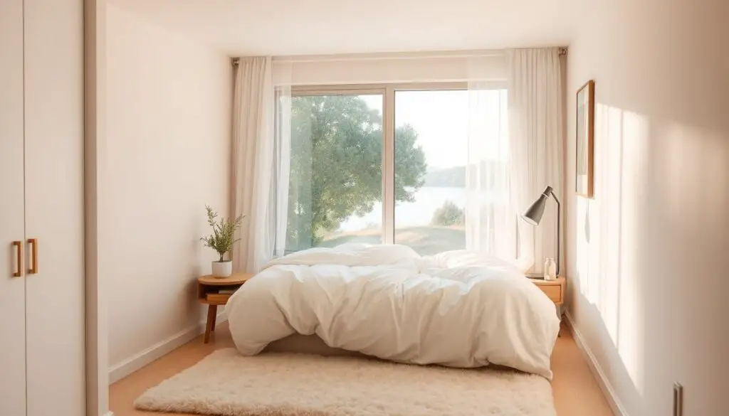 A cozy small bedroom with soft, light-colored walls, a fluffy white duvet, and wispy sheer curtains that let in gentle natural light. The room has a serene, airy atmosphere, with a plush light-colored rug and a few minimalist decor pieces like a small potted plant and a wooden nightstand. The lighting is diffused and warm, creating a soothing, inviting ambiance. A large window in the background overlooks a tranquil outdoor scene, further enhancing the sense of openness and space.