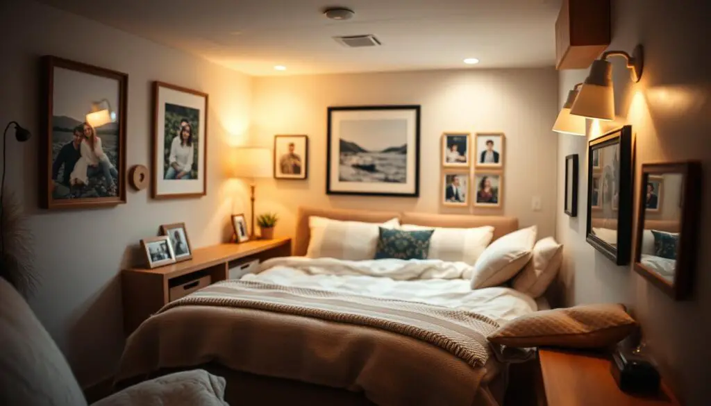 A cozy small bedroom with soft, warm lighting highlighting personalized artwork and framed photographs on the walls. The room has a neutral color palette with touches of natural wood accents, plush textiles, and a cozy reading nook in the corner. The composition features the artwork and photos in the foreground, with the bed and other furnishings in the middle ground, and a gently blurred background creating a sense of depth and intimacy. The lighting is soft and diffused, creating a relaxing, inviting atmosphere perfect for displaying cherished personal mementos. A cozy small bedroom with soft, warm lighting highlighting personalized artwork and framed photographs on the walls. The room has a neutral color palette with touches of natural wood accents, plush textiles, and a cozy reading nook in the corner. The composition features the artwork and photos in the foreground, with the bed and other furnishings in the middle ground, and a gently blurred background creating a sense of depth and intimacy. The lighting is soft and diffused, creating a relaxing, inviting atmosphere perfect for displaying cherished personal mementos.