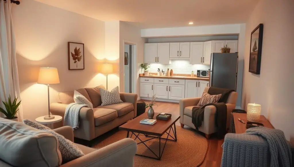 A cozy, small living room with an open kitchen layout. Warm, inviting lighting casts a soft glow, creating a intimate ambiance. Plush, neutral-toned furnishings like a loveseat and armchair surround a low coffee table, encouraging conversation. A mix of textures, from a woven area rug to knitted throws, add depth. In the background, a compact kitchen with white cabinets and wooden countertops blends seamlessly. Subtle natural accents, like potted plants and a simple piece of wall art, complete the space, fostering a serene, homey atmosphere. A cozy, small living room with an open kitchen layout. Warm, inviting lighting casts a soft glow, creating a intimate ambiance. Plush, neutral-toned furnishings like a loveseat and armchair surround a low coffee table, encouraging conversation. A mix of textures, from a woven area rug to knitted throws, add depth. In the background, a compact kitchen with white cabinets and wooden countertops blends seamlessly. Subtle natural accents, like potted plants and a simple piece of wall art, complete the space, fostering a serene, homey atmosphere.