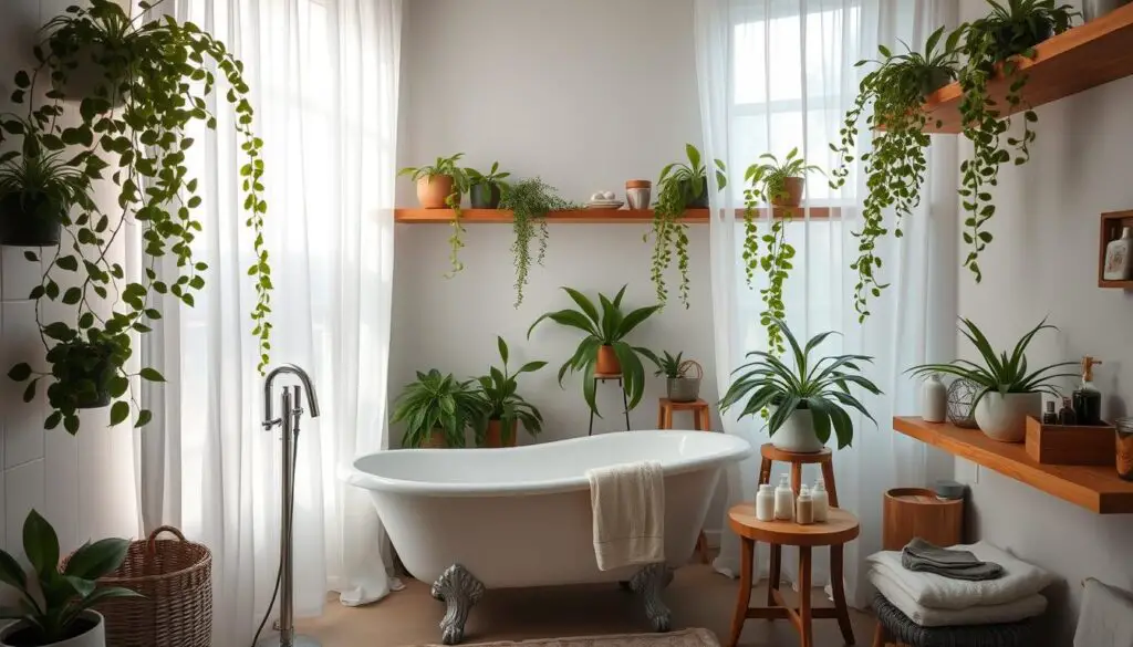 A cozy, spa-like bathroom with a serene, natural ambiance. The focal point is a clawfoot tub surrounded by lush, verdant indoor plants cascading from shelves. Soft, diffused lighting filters through sheer curtains, creating a calming, ethereal atmosphere. Neutral tones of white and wood accents blend seamlessly, while a small side table holds an array of spa-inspired accoutrements. The overall design evokes a sense of tranquility and rejuvenation, transporting the viewer to a peaceful, serene oasis. A cozy, spa-like bathroom with a serene, natural ambiance. The focal point is a clawfoot tub surrounded by lush, verdant indoor plants cascading from shelves. Soft, diffused lighting filters through sheer curtains, creating a calming, ethereal atmosphere. Neutral tones of white and wood accents blend seamlessly, while a small side table holds an array of spa-inspired accoutrements. The overall design evokes a sense of tranquility and rejuvenation, transporting the viewer to a peaceful, serene oasis.