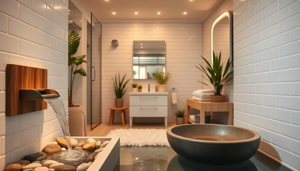 A cozy, spa-like small bathroom with a serene atmosphere. In the foreground, a mini wall-mounted fountain cascades gently, creating a soothing ambiance. Surrounding it, decorative river rocks and lush potted plants evoke a natural, zen-inspired aesthetic. The middle ground features a plush, fluffy white bath mat and a sleek, modern vanity with a minimalist design. Soft, diffused lighting from recessed ceiling fixtures and a backlit mirror create a warm, inviting glow. In the background, crisp white subway tiles line the walls, complemented by natural wood accents for a spa-like, Scandinavian-inspired feel. The overall scene conveys a tranquil, restorative atmosphere perfect for a personal in-home oasis. A cozy, spa-like small bathroom with a serene atmosphere. In the foreground, a mini wall-mounted fountain cascades gently, creating a soothing ambiance. Surrounding it, decorative river rocks and lush potted plants evoke a natural, zen-inspired aesthetic. The middle ground features a plush, fluffy white bath mat and a sleek, modern vanity with a minimalist design. Soft, diffused lighting from recessed ceiling fixtures and a backlit mirror create a warm, inviting glow. In the background, crisp white subway tiles line the walls, complemented by natural wood accents for a spa-like, Scandinavian-inspired feel. The overall scene conveys a tranquil, restorative atmosphere perfect for a personal in-home oasis.