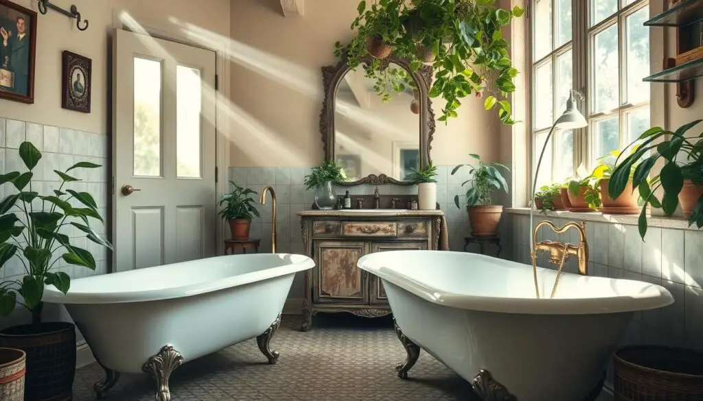 A cozy, sun-dappled vintage bathroom, adorned with rustic charm. Clawfoot tub nestled in the foreground, claw-like feet gleaming in the soft light. Mosaic tile floor in a timeless pattern underfoot. Weathered vanity in the middle, adorned with an ornate mirror and a collection of antique perfume bottles. Lush potted plants in the corners, their verdant leaves casting dappled shadows. Gentle streams of sunlight filter through a large sash window, illuminating the space with a warm, nostalgic glow. Hints of brass and wood accents throughout, creating a cohesive, lived-in aesthetic. An air of refined elegance and timeless appeal permeates the scene.