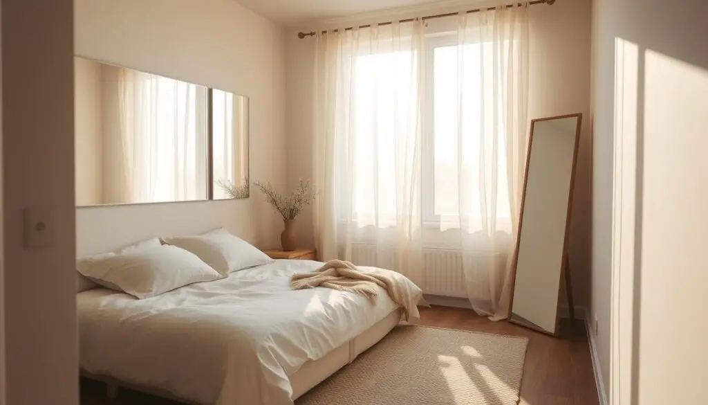 A cozy, sun-drenched bedroom with soft, diffused natural light filtering through delicate sheer curtains. The bedroom features a tranquil, minimalist design with clean lines, light-colored walls, and a large window that fills the space with a warm, inviting glow. Carefully positioned mirrors strategically reflect and amplify the natural illumination, creating an airy, expansive atmosphere. Subtle textures, such as a plush, textured rug and natural wood accents, add depth and tactility to the serene, calming environment. The overall scene conveys a sense of peace, comfort, and thoughtful, harmonious design optimized for natural light in a small, intimate space. A cozy, sun-drenched bedroom with soft, diffused natural light filtering through delicate sheer curtains. The bedroom features a tranquil, minimalist design with clean lines, light-colored walls, and a large window that fills the space with a warm, inviting glow. Carefully positioned mirrors strategically reflect and amplify the natural illumination, creating an airy, expansive atmosphere. Subtle textures, such as a plush, textured rug and natural wood accents, add depth and tactility to the serene, calming environment. The overall scene conveys a sense of peace, comfort, and thoughtful, harmonious design optimized for natural light in a small, intimate space.