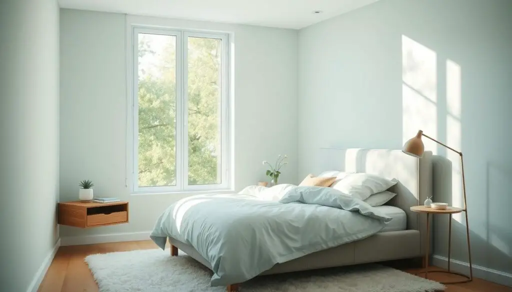 A cozy, sun-lit small bedroom with an inviting color scheme that opens up the space. Soft, pastel shades of blue and green create a calming, airy atmosphere, accentuated by natural light pouring in through large windows. Minimalist, yet stylish furniture - a floating wooden nightstand, a plush upholstered bed frame, and a delicate floor lamp - are thoughtfully placed to maximize the available square footage. Textured, light-colored bedding and a fluffy area rug complete the serene, relaxing vibe. The overall composition has a dreamy, soft-focus quality, captured from a slightly elevated angle to emphasize the sense of spaciousness. A cozy, sun-lit small bedroom with an inviting color scheme that opens up the space. Soft, pastel shades of blue and green create a calming, airy atmosphere, accentuated by natural light pouring in through large windows. Minimalist, yet stylish furniture - a floating wooden nightstand, a plush upholstered bed frame, and a delicate floor lamp - are thoughtfully placed to maximize the available square footage. Textured, light-colored bedding and a fluffy area rug complete the serene, relaxing vibe. The overall composition has a dreamy, soft-focus quality, captured from a slightly elevated angle to emphasize the sense of spaciousness.
