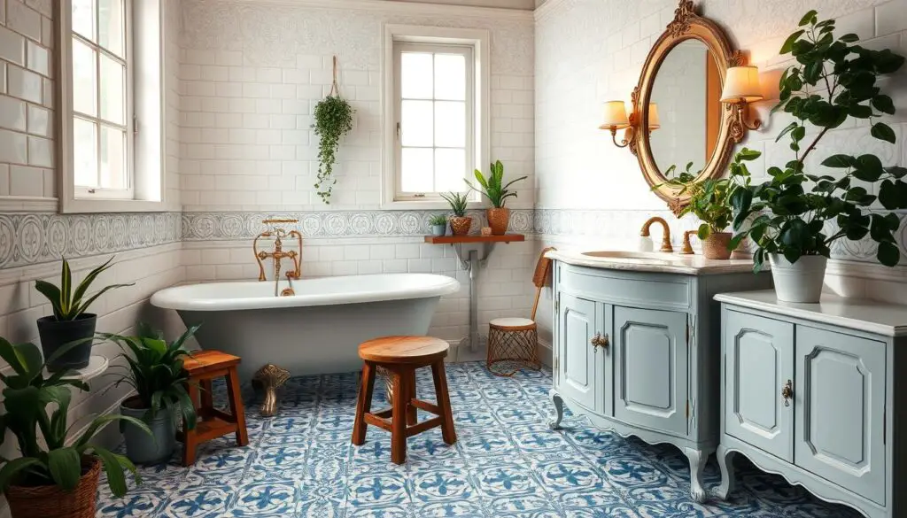 A cozy, vintage-inspired bathroom adorned with a classic clawfoot tub and elegant vanity, bathed in soft, natural light. Intricate white tile work on the walls, complemented by a stunning blue-and-white patterned floor. Antique brass fixtures, a rustic wooden stool, and a vintage-style mirror add to the charming, timeless ambiance. Lush greenery in the form of potted plants brings a touch of nature into the space. Warm, diffused lighting casts a gentle glow, creating a serene and relaxing atmosphere. A cozy, vintage-inspired bathroom adorned with a classic clawfoot tub and elegant vanity, bathed in soft, natural light. Intricate white tile work on the walls, complemented by a stunning blue-and-white patterned floor. Antique brass fixtures, a rustic wooden stool, and a vintage-style mirror add to the charming, timeless ambiance. Lush greenery in the form of potted plants brings a touch of nature into the space. Warm, diffused lighting casts a gentle glow, creating a serene and relaxing atmosphere.