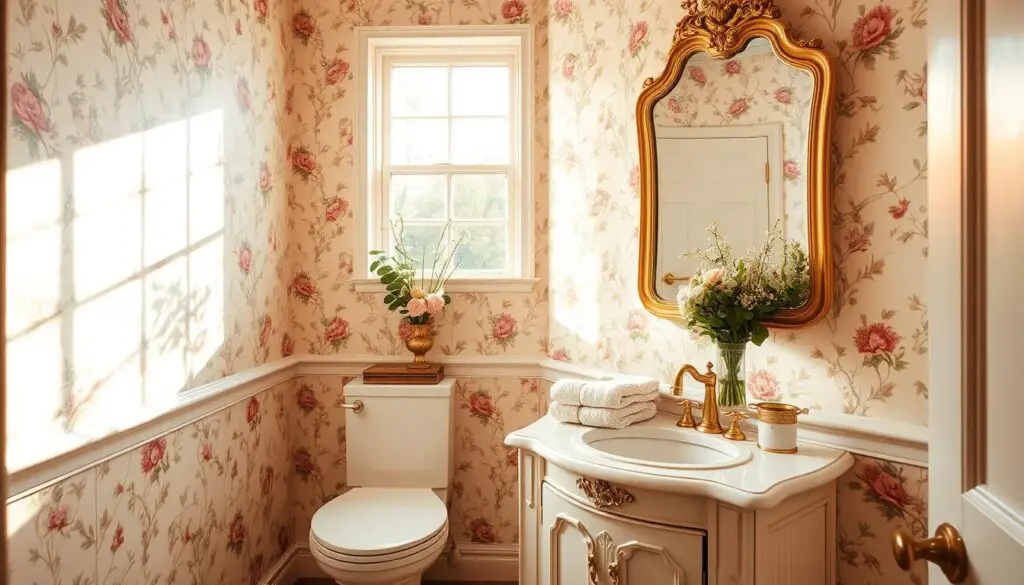 A cozy, well-appointed half bathroom with a delicate floral wallpaper in soft pastel hues adorning the walls. The room is bathed in warm, natural lighting that filters in through a large window, casting a gentle glow on the elegant, antique-style vanity and gold-framed mirror. Plush towels in coordinating colors are neatly folded, complementing the botanical accents such as a potted plant and fresh flowers in a vase. The overall atmosphere is one of refined sophistication and tranquility, inviting the viewer to linger and admire the thoughtful design choices that make this small space feel both functional and visually captivating. A cozy, well-appointed half bathroom with a delicate floral wallpaper in soft pastel hues adorning the walls. The room is bathed in warm, natural lighting that filters in through a large window, casting a gentle glow on the elegant, antique-style vanity and gold-framed mirror. Plush towels in coordinating colors are neatly folded, complementing the botanical accents such as a potted plant and fresh flowers in a vase. The overall atmosphere is one of refined sophistication and tranquility, inviting the viewer to linger and admire the thoughtful design choices that make this small space feel both functional and visually captivating.