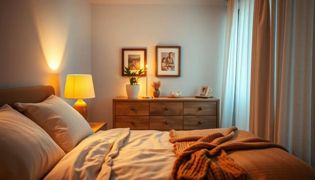 A cozy, well-appointed small bedroom with a warm, inviting atmosphere. In the foreground, a plush, linen-upholstered bed with soft, fluffy pillows and a knitted throw blanket. Soft, ambient lighting emanates from a wooden bedside table lamp with a beige shade. In the middle ground, a wooden dresser with a potted plant and framed wall art, bathed in golden, diffused light. The background features a pale blue accent wall with a subtle, textured pattern, complemented by sheer, flowing curtains that gently sway in a gentle breeze. The overall scene conveys a sense of comfort, relaxation, and thoughtful, minimalist design. A cozy, well-appointed small bedroom with a warm, inviting atmosphere. In the foreground, a plush, linen-upholstered bed with soft, fluffy pillows and a knitted throw blanket. Soft, ambient lighting emanates from a wooden bedside table lamp with a beige shade. In the middle ground, a wooden dresser with a potted plant and framed wall art, bathed in golden, diffused light. The background features a pale blue accent wall with a subtle, textured pattern, complemented by sheer, flowing curtains that gently sway in a gentle breeze. The overall scene conveys a sense of comfort, relaxation, and thoughtful, minimalist design.