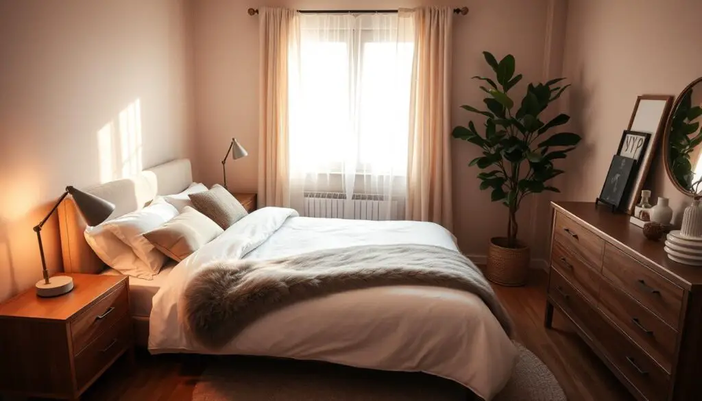 A cozy, well-appointed small bedroom with warm, natural lighting filtering through sheer curtains. The room features a plush, minimalist bed frame with soft linen bedding, flanked by sleek nightstands with task lamps. A faux-fur throw blanket and decorative pillows add texture and comfort. In the corner, a wooden dresser with simple hardware holds personal decor, and a large potted plant brings a touch of nature indoors. Neutral-toned walls and a small, round area rug complete the serene, inviting atmosphere, creating a tranquil retreat perfect for relaxation. A cozy, well-appointed small bedroom with warm, natural lighting filtering through sheer curtains. The room features a plush, minimalist bed frame with soft linen bedding, flanked by sleek nightstands with task lamps. A faux-fur throw blanket and decorative pillows add texture and comfort. In the corner, a wooden dresser with simple hardware holds personal decor, and a large potted plant brings a touch of nature indoors. Neutral-toned walls and a small, round area rug complete the serene, inviting atmosphere, creating a tranquil retreat perfect for relaxation.