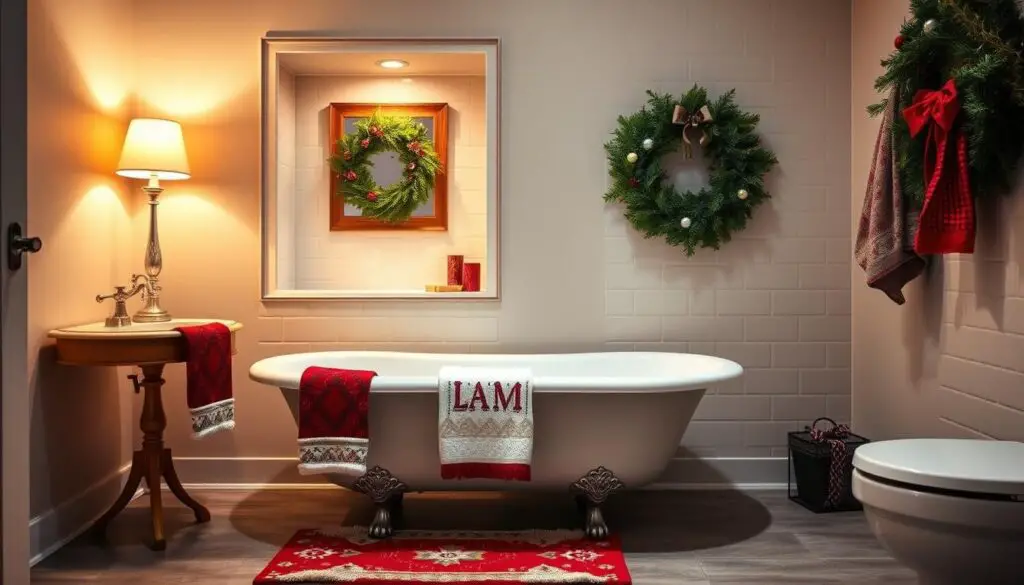 A cozy, well-designed small bathroom with a festive holiday flair. The foreground features an elegant clawfoot tub adorned with a plush, seasonal bath mat and holiday-themed towels. A recessed, softly lit vanity area in the middle ground showcases a unique mirror with a wooden frame and a pair of candles. The background showcases a minimalist, tiled wall with a simple yet impactful holiday wreath. The overall lighting is warm and inviting, creating a serene, spa-like atmosphere perfect for the holiday season.
