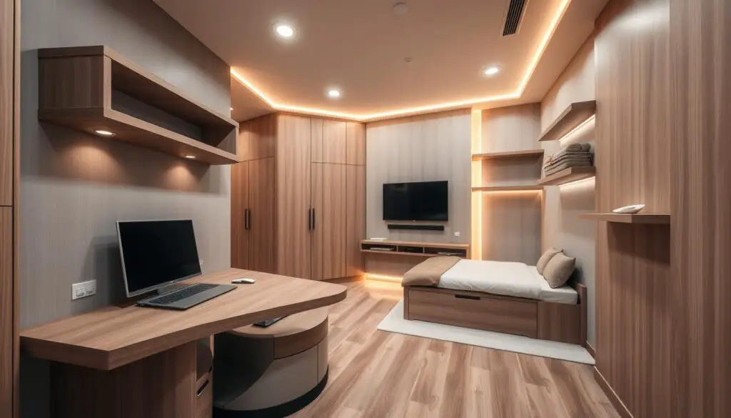 A cozy, well-designed small bedroom with space-saving furniture. In the foreground, a stylish wall-mounted floating desk and shelves provide ample storage and workspace. In the middle ground, a compact, multifunctional platform bed with built-in drawers and cubbies. On the walls, minimalist floating shelves and a sleek, slim-profile TV mount. Soft, warm lighting from recessed ceiling fixtures and discreet LED strips create a relaxing ambiance. The color palette is muted with earthy tones, complemented by touches of natural wood. An overall sense of purposeful, efficient design that maximizes the limited space. A cozy, well-designed small bedroom with space-saving furniture. In the foreground, a stylish wall-mounted floating desk and shelves provide ample storage and workspace. In the middle ground, a compact, multifunctional platform bed with built-in drawers and cubbies. On the walls, minimalist floating shelves and a sleek, slim-profile TV mount. Soft, warm lighting from recessed ceiling fixtures and discreet LED strips create a relaxing ambiance. The color palette is muted with earthy tones, complemented by touches of natural wood. An overall sense of purposeful, efficient design that maximizes the limited space.
