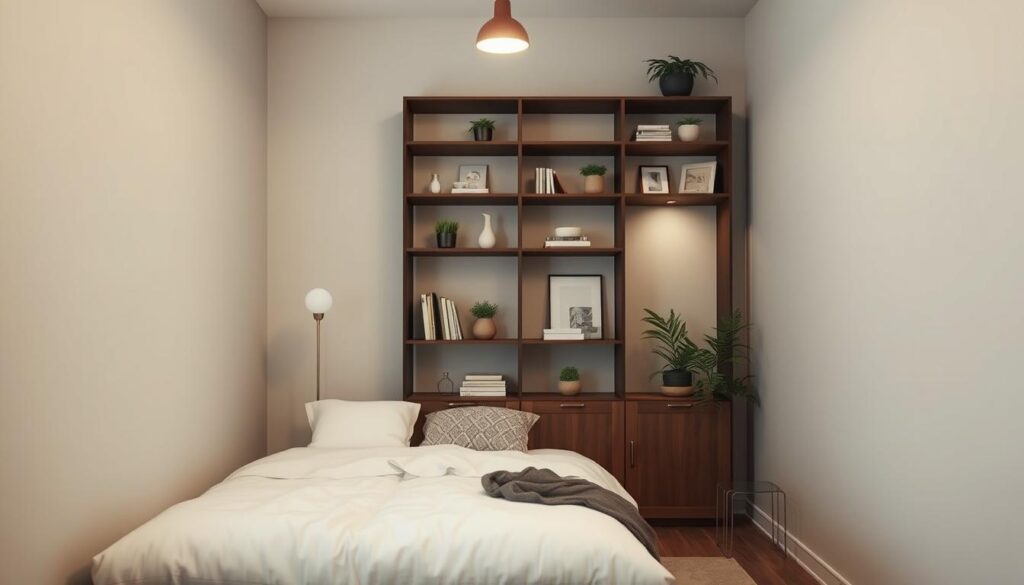 A cozy, well-designed small bedroom with vertical elements. A minimalist, Scandinavian-inspired room with a tall, narrow bookshelf or wall unit dominating the middle ground. The bookshelf is filled with decorative objects, plants, and a few books, adding visual interest and depth. In the foreground, a low-profile bed with crisp, white linens and decorative pillows. The walls are painted a soft, muted color, and the lighting is warm and inviting, perhaps a single pendant or sconce. The overall mood is serene, calming, and focused on maximizing the vertical space to create an illusion of openness in a compact area. A cozy, well-designed small bedroom with vertical elements. A minimalist, Scandinavian-inspired room with a tall, narrow bookshelf or wall unit dominating the middle ground. The bookshelf is filled with decorative objects, plants, and a few books, adding visual interest and depth. In the foreground, a low-profile bed with crisp, white linens and decorative pillows. The walls are painted a soft, muted color, and the lighting is warm and inviting, perhaps a single pendant or sconce. The overall mood is serene, calming, and focused on maximizing the vertical space to create an illusion of openness in a compact area.