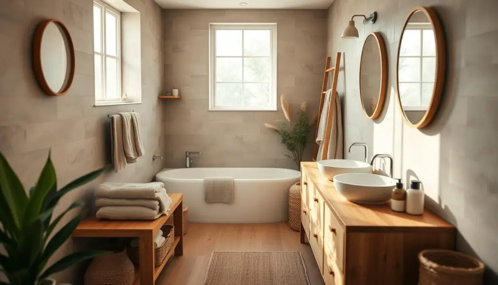 A cozy, well-lit bathroom filled with sustainable decor elements. In the foreground, a wooden vanity with dual sinks, complemented by natural fiber baskets and a potted plant. The middle ground showcases textured towels, a bamboo bath mat, and a minimalist mirror. The background features a muted tiled wall, with a large window allowing soft, natural light to pour in, creating a serene and eco-friendly ambiance. The overall color palette is earthy, with warm wood tones and muted greens, creating a calming and harmonious atmosphere.