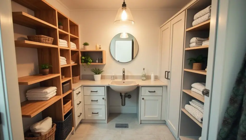 A cozy, well-lit bathroom vanity with a small sink nestled between customized storage solutions. A mix of open shelves, drawers, and cabinets line the walls, offering ample space to neatly organize toiletries and linens. The sink is a sleek, minimalist design in a neutral tone, complemented by a modern faucet. Overhead, a simple yet stylish pendant light casts a warm glow, creating an inviting atmosphere. The floors are tiled in a light, natural stone pattern, adding texture and a clean, spa-like feel. Potted plants and small decor accents on the shelves bring a touch of nature and personality to the space, maximizing the small but efficient layout. A cozy, well-lit bathroom vanity with a small sink nestled between customized storage solutions. A mix of open shelves, drawers, and cabinets line the walls, offering ample space to neatly organize toiletries and linens. The sink is a sleek, minimalist design in a neutral tone, complemented by a modern faucet. Overhead, a simple yet stylish pendant light casts a warm glow, creating an inviting atmosphere. The floors are tiled in a light, natural stone pattern, adding texture and a clean, spa-like feel. Potted plants and small decor accents on the shelves bring a touch of nature and personality to the space, maximizing the small but efficient layout.