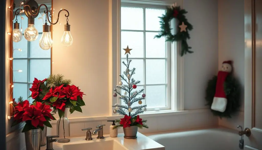 A cozy, well-lit bathroom with a charming holiday theme. The vanity is adorned with string lights cascading along the mirror's edge, casting a warm, festive glow. Tiny glass ornaments hang from the light fixtures, twinkling softly. On the countertop, a miniature Christmas tree stands, its branches dusted with a light layer of snow. Potted poinsettias and evergreen sprigs add pops of vibrant color. Soft, diffused light filters in through a frosted window, creating a serene, inviting atmosphere. The room feels intimate and inviting, perfect for a relaxing holiday soak.