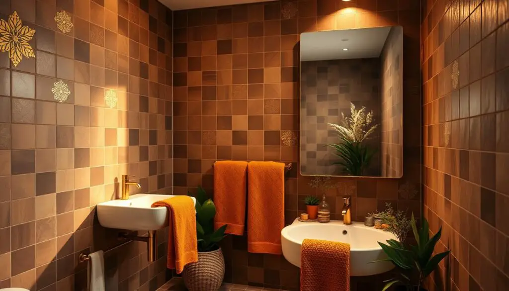 A cozy, well-lit bathroom with a warm, inviting atmosphere. The walls are adorned with rich, earthy brown tiles, accented by intricate gold-toned patterns that catch the light. Sleek, contemporary fixtures in a brushed brass finish add a touch of elegance, while plush, textured towels in shades of camel and ochre lend a luxurious feel. Subtle lighting casts a soft, ambient glow, highlighting the interplay of the brown and gold hues. A large, frameless mirror reflects the space, creating a sense of depth and amplifying the cohesive color palette. Potted plants and natural wood accents bring a touch of nature, completing the harmonious and visually striking design. A cozy, well-lit bathroom with a warm, inviting atmosphere. The walls are adorned with rich, earthy brown tiles, accented by intricate gold-toned patterns that catch the light. Sleek, contemporary fixtures in a brushed brass finish add a touch of elegance, while plush, textured towels in shades of camel and ochre lend a luxurious feel. Subtle lighting casts a soft, ambient glow, highlighting the interplay of the brown and gold hues. A large, frameless mirror reflects the space, creating a sense of depth and amplifying the cohesive color palette. Potted plants and natural wood accents bring a touch of nature, completing the harmonious and visually striking design.