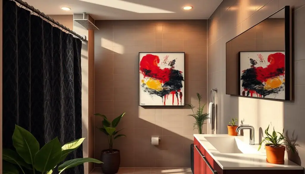 A cozy, well-lit bathroom with bold, vibrant accent decor. A dark, geometric patterned shower curtain anchors the space, complemented by a sleek, minimalist vanity in a deep, saturated hue. Lush, verdant potted plants add a refreshing touch, while a striking piece of abstract wall art takes center stage, casting dynamic shadows and highlights across the tiled walls. Warm, diffused lighting from recessed fixtures creates a tranquil ambiance, while a large, frameless mirror reflects the room's dynamic design elements. The overall aesthetic is modern, sophisticated, and exudes a sense of refined, yet playful style.