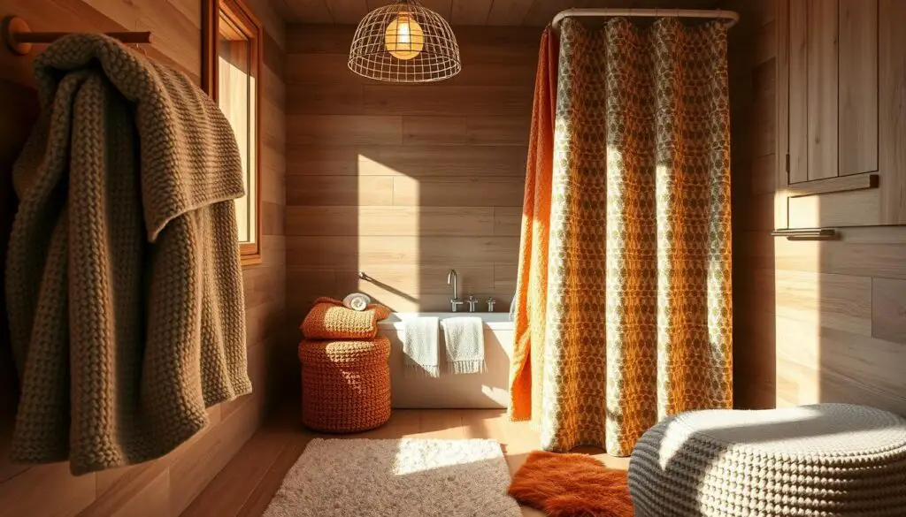 A cozy, well-lit bathroom with plush, textured towels, a thick bath mat, and a soft, patterned shower curtain. The linens are in muted, earthy tones like sage, ochre, and terracotta, complementing the natural wood accents and warm lighting. Gentle shadows from the overhead pendant fixtures cast a soothing glow, creating an inviting, hygge-inspired atmosphere. The camera angle is slightly elevated, capturing the whole scene with a sense of calmness and comfort.