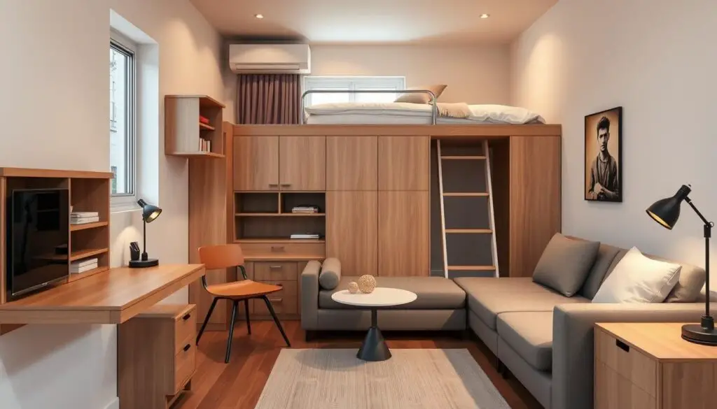 A cozy, well-lit bedroom showcasing a variety of space-saving furniture. In the foreground, a sleek, multifunctional wall-mounted desk with built-in shelving and drawers. Beside it, a compact, L-shaped sofa that doubles as a daybed. In the middle ground, a minimalist, height-adjustable side table, and a folding armchair that tucks neatly away when not in use. The background features a loft-style bed with integrated storage, maximizing the vertical space. Subtle task lighting, warm-toned accents, and a neutral color palette create a harmonious, calming atmosphere, perfect for a small-space bedroom. A cozy, well-lit bedroom showcasing a variety of space-saving furniture. In the foreground, a sleek, multifunctional wall-mounted desk with built-in shelving and drawers. Beside it, a compact, L-shaped sofa that doubles as a daybed. In the middle ground, a minimalist, height-adjustable side table, and a folding armchair that tucks neatly away when not in use. The background features a loft-style bed with integrated storage, maximizing the vertical space. Subtle task lighting, warm-toned accents, and a neutral color palette create a harmonious, calming atmosphere, perfect for a small-space bedroom.