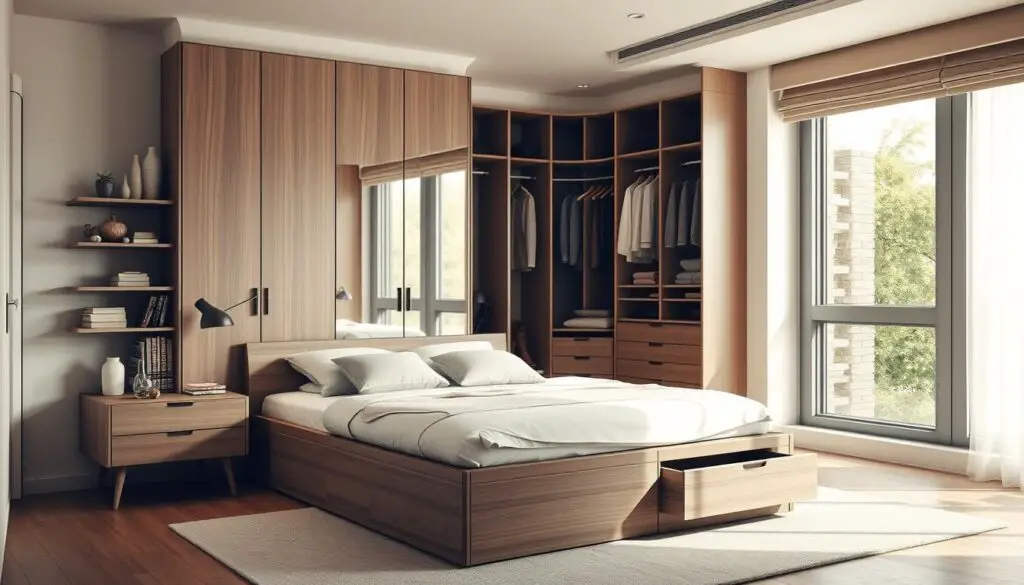 A cozy, well-lit bedroom showcasing a versatile, multi-functional furniture piece. In the foreground, a modern, minimalist platform bed with integrated storage compartments and drawers. Beside it, a compact nightstand with a drawer and open shelves, accommodating books, lamps, and decorative elements. In the middle ground, a sleek, modular wardrobe system with hanging rods, shelves, and hidden compartments, maximizing the available space. The background features a large window, allowing natural light to flood the room, creating a warm, inviting atmosphere. The overall design prioritizes functionality, organization, and a clean, contemporary aesthetic, perfectly suited for a small bedroom.