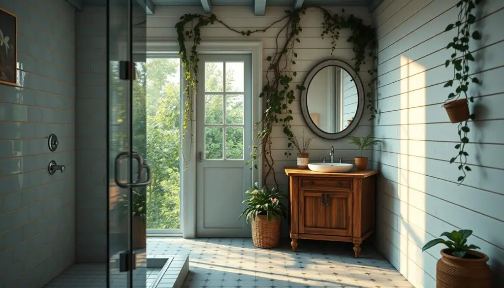 A cozy, well-lit blue and white bathroom interior with natural elements. The foreground features a spacious tiled shower with a large window overlooking lush greenery. The middle ground showcases a rustic wooden vanity with a white ceramic sink and a vintage-inspired mirror. The background displays white shiplap walls adorned with trailing vines and potted plants, creating a serene, nature-inspired atmosphere. The lighting is warm and softly diffused, highlighting the textures and colors. The overall composition conveys a calming, spa-like ambiance that seamlessly blends the indoors with the outdoors. A cozy, well-lit blue and white bathroom interior with natural elements. The foreground features a spacious tiled shower with a large window overlooking lush greenery. The middle ground showcases a rustic wooden vanity with a white ceramic sink and a vintage-inspired mirror. The background displays white shiplap walls adorned with trailing vines and potted plants, creating a serene, nature-inspired atmosphere. The lighting is warm and softly diffused, highlighting the textures and colors. The overall composition conveys a calming, spa-like ambiance that seamlessly blends the indoors with the outdoors.