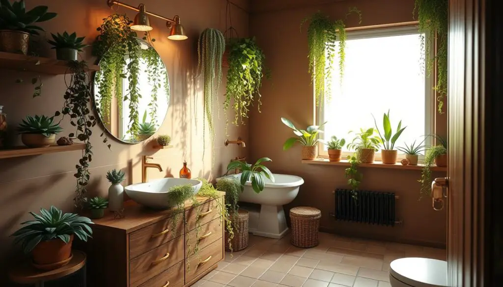 A cozy, well-lit brown and gold bathroom with lush, verdant plants cascading from the shelves and window sills. The warm tones of the wood vanity and gold fixtures create an inviting, nature-inspired atmosphere. The large window floods the space with soft, diffused natural light, casting gentle shadows and highlighting the intricate details of the potted succulents, ferns, and trailing vines. The tiled floor in a complementary earth-toned palette grounds the scene, while the clean, minimalist design allows the greenery to take center stage. An oasis of calm and tranquility, this bathroom seamlessly blends the natural and the elegant. A cozy, well-lit brown and gold bathroom with lush, verdant plants cascading from the shelves and window sills. The warm tones of the wood vanity and gold fixtures create an inviting, nature-inspired atmosphere. The large window floods the space with soft, diffused natural light, casting gentle shadows and highlighting the intricate details of the potted succulents, ferns, and trailing vines. The tiled floor in a complementary earth-toned palette grounds the scene, while the clean, minimalist design allows the greenery to take center stage. An oasis of calm and tranquility, this bathroom seamlessly blends the natural and the elegant.
