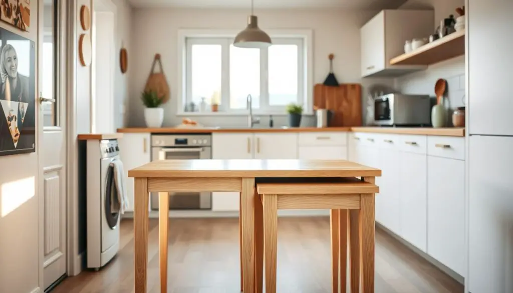 A cozy, well-lit kitchen interior with a set of nesting tables in the foreground. The tables have a sleek, modern design with a light wood finish and clean lines. They are positioned in a way that allows for easy nesting and storage, optimizing the limited space. The mid-ground features a minimal kitchen counter with a few appliances, while the background showcases a bright window overlooking a scenic outdoor view. The overall atmosphere is one of functionality, organization, and a touch of Scandinavian minimalism, perfectly suited for a small kitchen space.