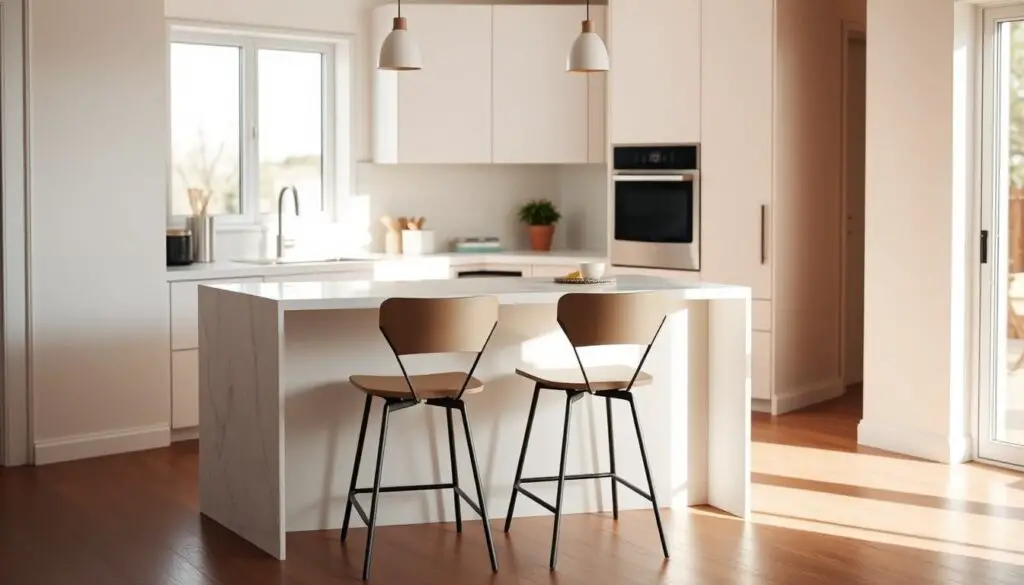 A cozy, well-lit kitchen island with a sleek, minimalist design. The island features a smooth, white marble-like countertop, complemented by a row of three modern, backless bar stools in a neutral tone. The stools are positioned neatly around the island, creating a inviting seating area. The kitchen is bathed in a warm, soft light, casting a gentle glow on the entire scene. The overall atmosphere is one of simplicity, functionality, and a touch of elegance, perfectly suited for a small kitchen space.