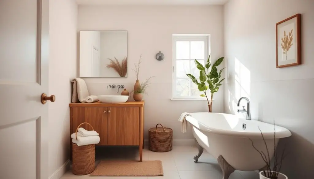 A cozy, well-lit small bathroom with a sleek, modern vanity and sink. Warm, natural wood accents and plush, textured towels add an inviting, seasonal charm. A large window allows soft, natural light to filter in, highlighting the clean, minimalist aesthetic. Potted plants and a simple, nature-inspired wall decor piece create a serene, spa-like ambiance. Smooth, white tile floors and a clawfoot tub in the corner complete the sophisticated, yet comfy design. Captured at a low angle to emphasize the sense of space and highlight the beautiful details. A cozy, well-lit small bathroom with a sleek, modern vanity and sink. Warm, natural wood accents and plush, textured towels add an inviting, seasonal charm. A large window allows soft, natural light to filter in, highlighting the clean, minimalist aesthetic. Potted plants and a simple, nature-inspired wall decor piece create a serene, spa-like ambiance. Smooth, white tile floors and a clawfoot tub in the corner complete the sophisticated, yet comfy design. Captured at a low angle to emphasize the sense of space and highlight the beautiful details.