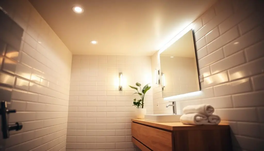 A cozy, well-lit small bathroom with a sleek vanity and modern fixtures. Soft, warm lighting from recessed ceiling fixtures and a backlit mirror casts a gentle glow, illuminating the minimalist white tiles and wood accents. Elegant sconces flank the mirror, casting a flattering light on the face. A single potted plant adds a touch of greenery, while a plush bath mat and fluffy towels complete the serene, spa-like ambiance. The scene is captured from a low angle, emphasizing the clean, uncluttered design and the inviting atmosphere. A cozy, well-lit small bathroom with a sleek vanity and modern fixtures. Soft, warm lighting from recessed ceiling fixtures and a backlit mirror casts a gentle glow, illuminating the minimalist white tiles and wood accents. Elegant sconces flank the mirror, casting a flattering light on the face. A single potted plant adds a touch of greenery, while a plush bath mat and fluffy towels complete the serene, spa-like ambiance. The scene is captured from a low angle, emphasizing the clean, uncluttered design and the inviting atmosphere.