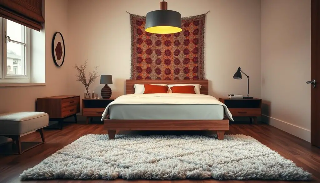 A cozy, well-lit small bedroom with a stylish arrangement of furniture. In the foreground, a plush, patterned area rug anchors the space, complementing the soft, textural bedding. A low-profile, minimalist wooden bed frame with a plush mattress takes center stage, flanked by sleek, modern nightstands. Overhead, a statement pendant light casts a warm, inviting glow. In the background, a wall adorned with a vibrant, textured tapestry adds depth and visual interest. The overall atmosphere is one of relaxation and sophistication, perfectly capturing the "Style with Textiles" theme. A cozy, well-lit small bedroom with a stylish arrangement of furniture. In the foreground, a plush, patterned area rug anchors the space, complementing the soft, textural bedding. A low-profile, minimalist wooden bed frame with a plush mattress takes center stage, flanked by sleek, modern nightstands. Overhead, a statement pendant light casts a warm, inviting glow. In the background, a wall adorned with a vibrant, textured tapestry adds depth and visual interest. The overall atmosphere is one of relaxation and sophistication, perfectly capturing the "Style with Textiles" theme.