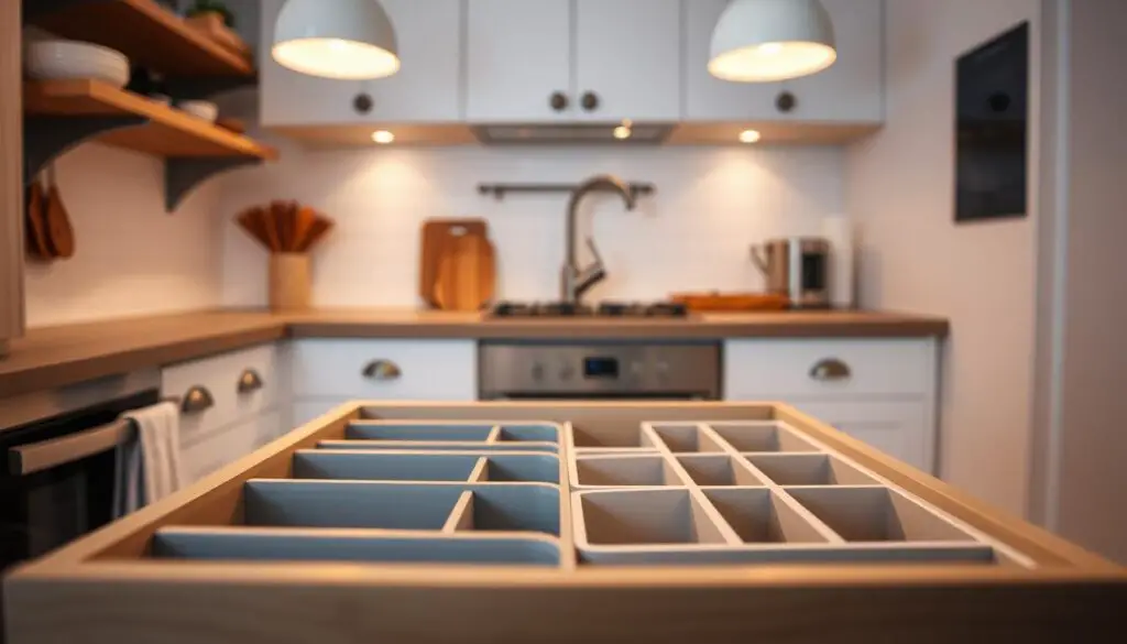 A cozy, well-organized kitchen with efficient storage solutions for a small space. In the foreground, a set of sturdy drawers with neatly arranged dividers, allowing for maximum utilization of the available cabinet space. The dividers are made of sleek, durable materials that complement the kitchen's modern aesthetic. Soft, warm lighting from overhead fixtures casts a gentle glow, creating a welcoming atmosphere. In the background, a minimalist backsplash and clean, white cabinetry provide a clean, uncluttered backdrop. The overall scene conveys a sense of practicality and thoughtful design, perfectly suited for the "Maximize Drawer Space with Dividers" section of the article. A cozy, well-organized kitchen with efficient storage solutions for a small space. In the foreground, a set of sturdy drawers with neatly arranged dividers, allowing for maximum utilization of the available cabinet space. The dividers are made of sleek, durable materials that complement the kitchen's modern aesthetic. Soft, warm lighting from overhead fixtures casts a gentle glow, creating a welcoming atmosphere. In the background, a minimalist backsplash and clean, white cabinetry provide a clean, uncluttered backdrop. The overall scene conveys a sense of practicality and thoughtful design, perfectly suited for the "Maximize Drawer Space with Dividers" section of the article.