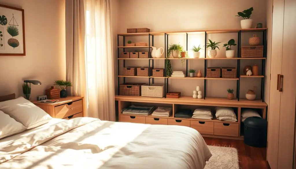 A cozy, well-organized small bedroom with a focus on maximizing storage space. The room is bathed in warm, natural lighting filtering through sheer curtains, casting a soft, inviting glow. In the foreground, a neatly arranged bedside table with drawers and shelves holds personal items and reading materials. In the middle ground, a minimalist bed frame with built-in storage compartments underneath, providing ample space for linens and clothing. The background features a wall-mounted shelving unit showcasing decorative storage boxes, baskets, and plants, creating a visually appealing and functional organizational system. The overall atmosphere is calm, peaceful, and conducive to relaxation and productivity. A cozy, well-organized small bedroom with a focus on maximizing storage space. The room is bathed in warm, natural lighting filtering through sheer curtains, casting a soft, inviting glow. In the foreground, a neatly arranged bedside table with drawers and shelves holds personal items and reading materials. In the middle ground, a minimalist bed frame with built-in storage compartments underneath, providing ample space for linens and clothing. The background features a wall-mounted shelving unit showcasing decorative storage boxes, baskets, and plants, creating a visually appealing and functional organizational system. The overall atmosphere is calm, peaceful, and conducive to relaxation and productivity.