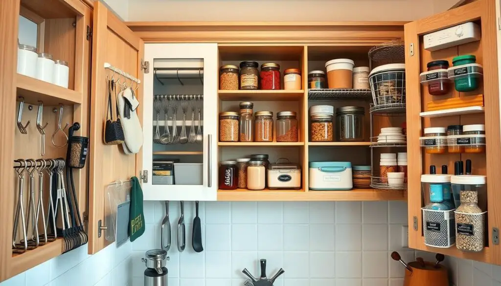 A cozy, well-organized small kitchen, with various clever storage solutions showcased on the cabinet doors. In the foreground, different compartments, hooks, and racks are neatly arranged, utilizing the space efficiently. The middle ground features various jars, containers, and labeled bins, demonstrating how to optimize the cabinet interiors. The background has a bright, natural lighting, casting a warm glow and highlighting the practical, yet visually appealing storage hacks. The overall scene conveys a sense of order, functionality, and a streamlined, minimalist aesthetic, suitable for a compact apartment kitchen. A cozy, well-organized small kitchen, with various clever storage solutions showcased on the cabinet doors. In the foreground, different compartments, hooks, and racks are neatly arranged, utilizing the space efficiently. The middle ground features various jars, containers, and labeled bins, demonstrating how to optimize the cabinet interiors. The background has a bright, natural lighting, casting a warm glow and highlighting the practical, yet visually appealing storage hacks. The overall scene conveys a sense of order, functionality, and a streamlined, minimalist aesthetic, suitable for a compact apartment kitchen.