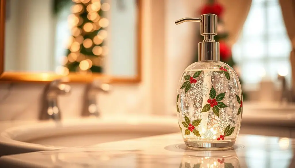 A festive Christmas-themed soap dispenser stands prominently on a white marble countertop, glistening under warm, soft lighting. The dispenser's surface is adorned with intricate holiday patterns and motifs, such as snowflakes, holly leaves, and red and green accents. The glass or ceramic container showcases a shimmering, translucent liquid soap that complements the seasonal design. The dispenser's shape is elegant and modern, seamlessly blending function and festive flair. The overall composition evokes a sense of holiday cheer and style, creating a delightful focal point for the bathroom.