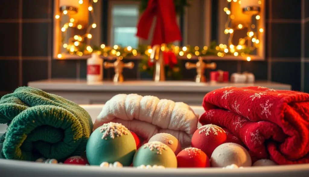 A festive arrangement of Christmas-themed bathroom accessories bathed in soft, warm lighting. In the foreground, a collection of holiday-inspired bath bombs and salts in vibrant colors and seasonal scents. Surrounded by a middle ground of plush, fluffy towels in deep reds and greens, accented with delicate snowflake patterns. In the background, a vanity adorned with gleaming brass fixtures and a mirror framed by twinkling fairy lights, creating a cozy, inviting atmosphere. The scene exudes a sense of relaxation and holiday cheer, perfect for indulging in a luxurious, festive self-care ritual.
