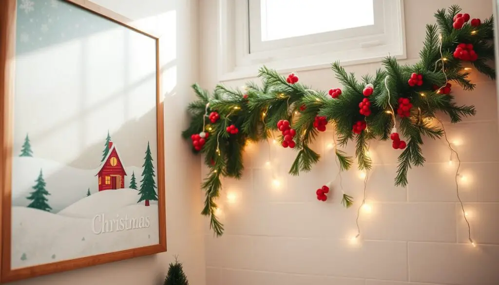 A festive bathroom adorned with whimsical Christmas wall art. The foreground features a cheerful holiday-themed canvas painting, framed in a rustic wooden frame, depicting a winter landscape with a cozy cabin, snowflakes, and twinkling lights. The middle ground showcases a vibrant garland of evergreens, red berries, and twinkling fairy lights cascading down the wall, creating a warm and inviting atmosphere. The background highlights a clean, minimalist tile wall in a soft neutral tone, accentuating the colorful decor. The lighting is a mix of natural sunlight filtering through a window and the soft glow of the fairy lights, casting a cozy, magical ambiance throughout the space.