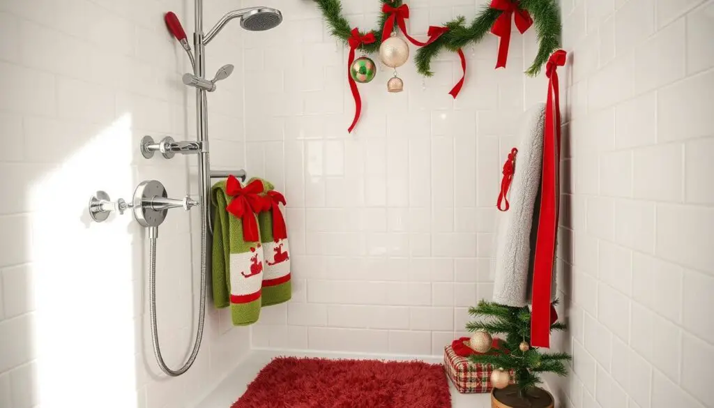 A festive shower adorned with gleaming chrome fixtures, cascading ribbons of red and green, and sparkling ornaments that dangle from the showerhead. Plush holiday-themed towels and a fuzzy bathmat add a cozy touch, while a miniature Christmas tree in the corner casts a warm, twinkling glow. The tiles are a crisp white, reflecting the light and creating a bright, cheerful atmosphere. A subtle scent of cinnamon and pine fills the air, transporting the viewer to a winter wonderland. The overall scene is a harmonious blend of classic Christmas motifs and modern bathroom design, evoking a sense of holiday cheer and relaxation.