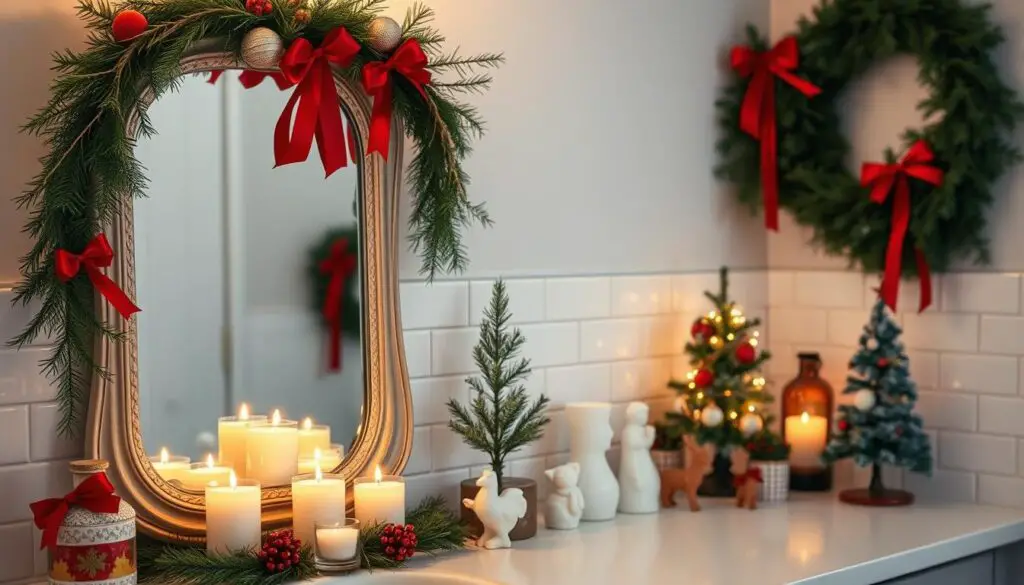 A festive vanity adorned with holiday-themed decorations. In the foreground, a vintage-inspired mirror is framed by garlands of fresh pine and red ribbons. On the counter, a collection of scented candles, ceramic figurines, and a small Christmas tree with twinkling lights. Soft, warm lighting casts a cozy glow throughout the scene, complemented by a crisp, winter-white tile backsplash. The overall mood is one of seasonal charm and elegant simplicity, capturing the essence of a joyful, holiday-inspired bathroom.
