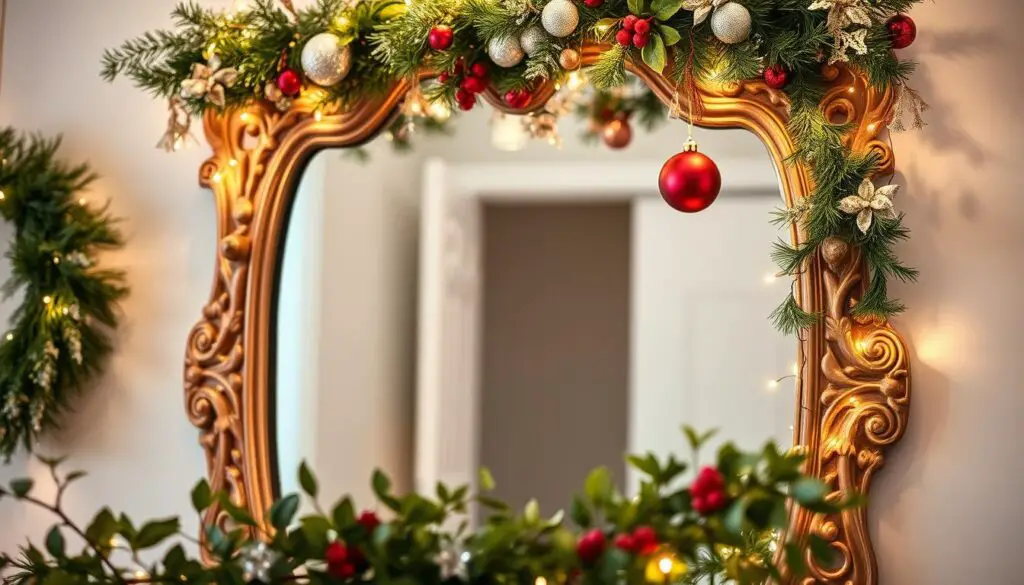 A festively decorated bathroom mirror, adorned with intricate holiday garlands, twinkling fairy lights, and shimmering ornaments. The mirror's frame is intricately carved, with a touch of gold accentuating the elegant design. In the foreground, sprigs of fresh greenery, such as holly and mistletoe, frame the mirror, adding a natural, rustic charm. Soft, warm lighting casts a cozy glow, creating a serene and inviting atmosphere. The overall composition evokes a sense of joy and holiday cheer, perfect for capturing the essence of the "Decorative Mirrors with Holiday Charm" section.